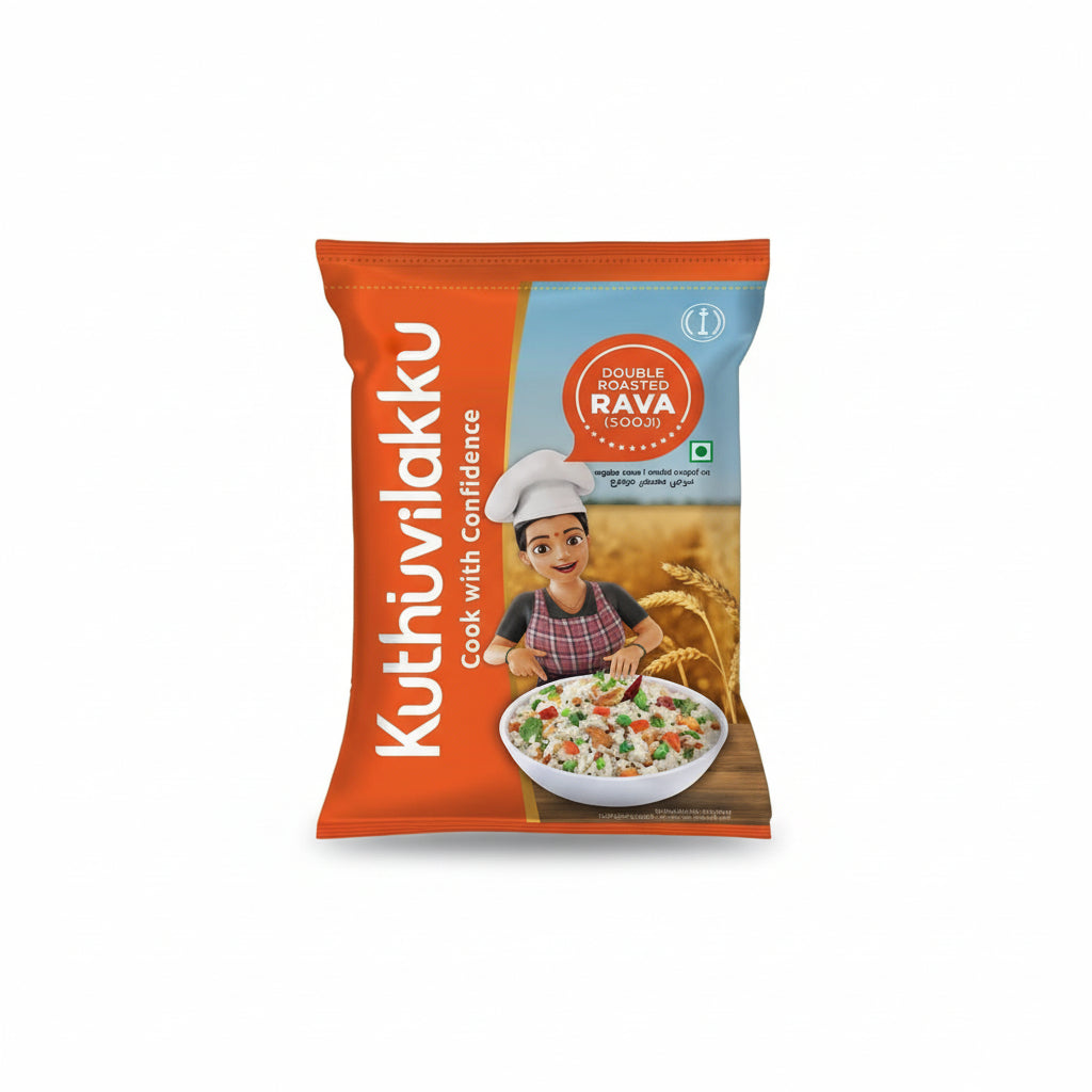 Kuthuvilakku packaging with a person holding a bowl of food on an orange background