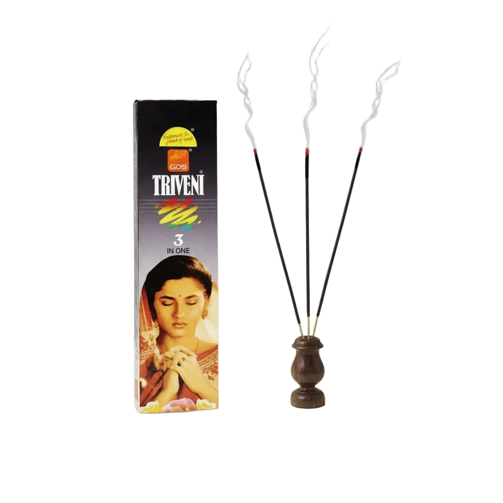 Triveni incense sticks with packaging on a gray background