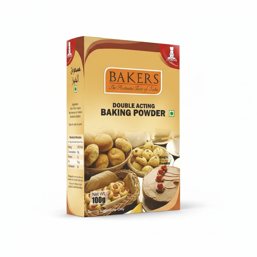 Bakers double acting baking powder packaging on a white background