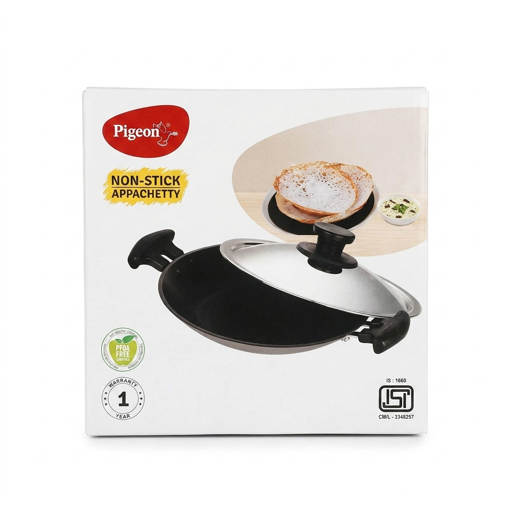 Pigeon Non-Stick Appachatti with Lid | 3-Layer Scratch & Corrosion Resistant Coating | PFOA-Free Metal Spoon Friendly Appam Pan
