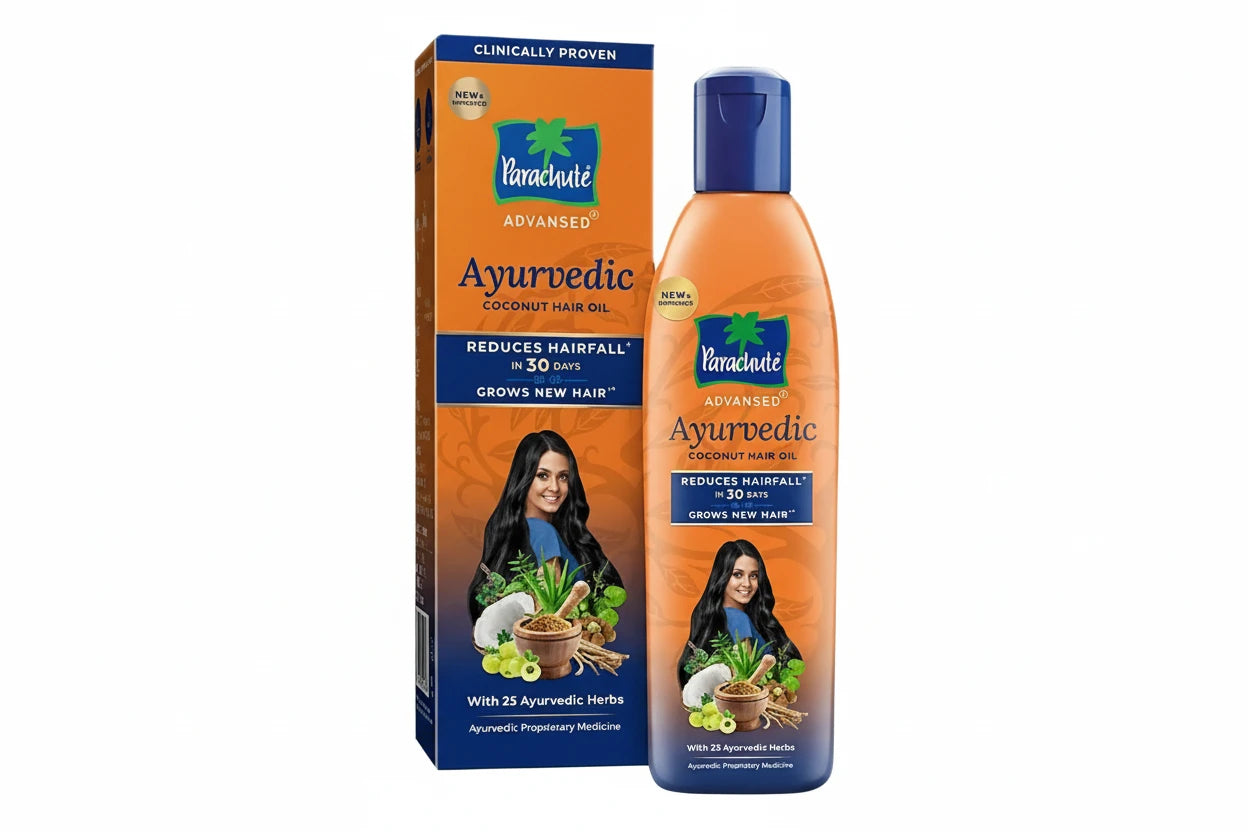 Parachute Ayurvedic Coconut Hair Oil packaging with bottle and box on a white background