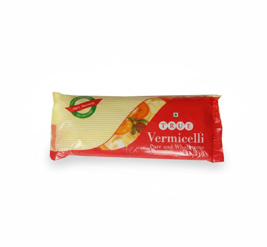 Packaged vermicelli noodles with a red and yellow design on a white background