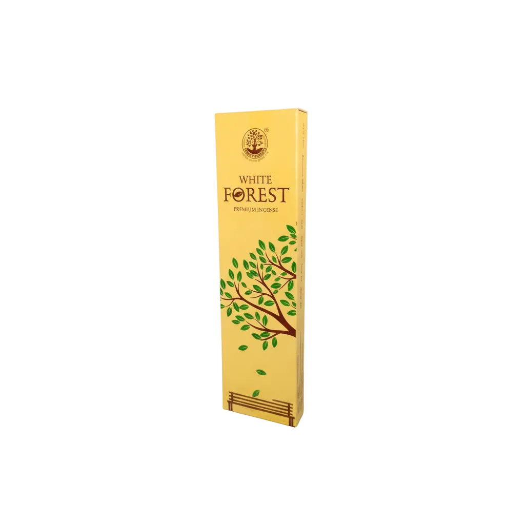 White Forest incense packaging with a yellow background and tree design.