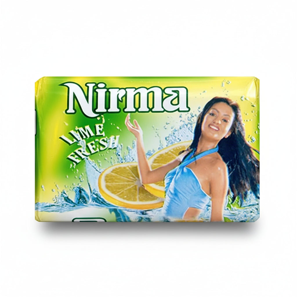 Nirma Lime Fresh soap bar with a woman and lemon slices on a white background