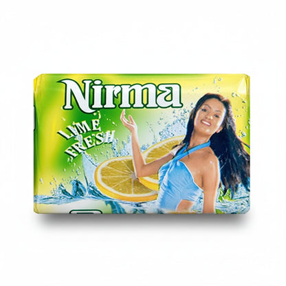 Nirma Lime Fresh soap bar with a woman and lemon slices on a white background