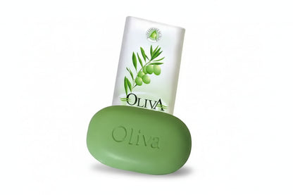 Green olive soap bar and bottle with 'Oliva' branding on a white background