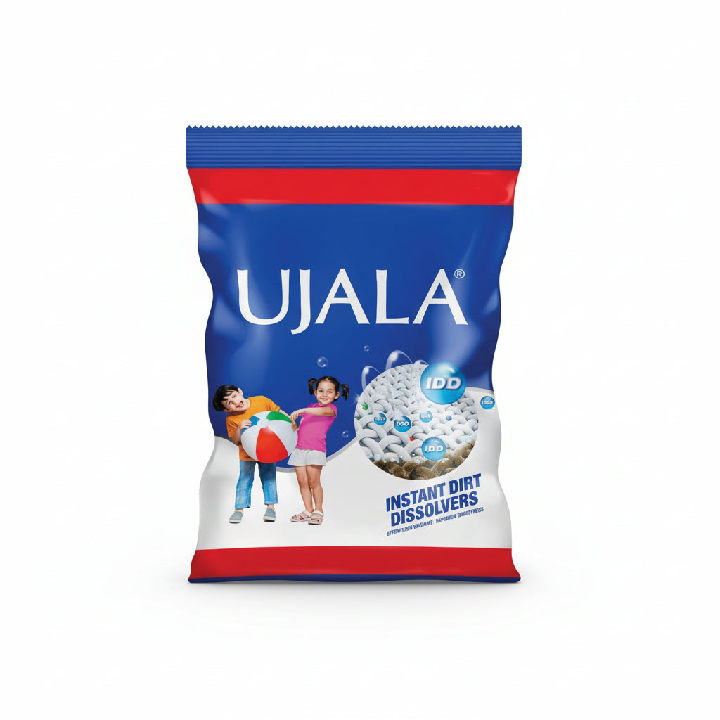 Ujala Instant Dirt Dissolvers packaging with children and product imagery on a blue and red background