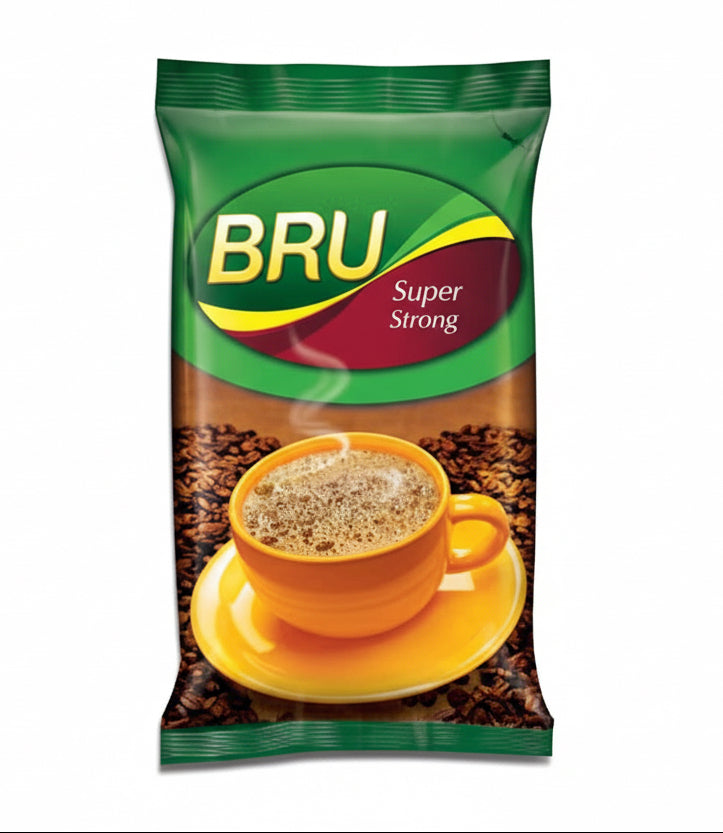 BRU Super Strong coffee packaging with a cup and beans illustration