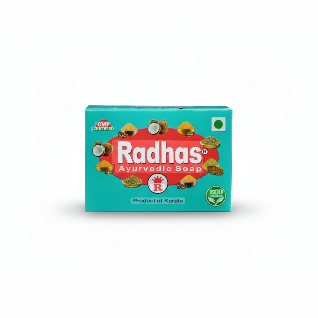 Box of Radhas Ayurvedic Soap with coconut graphics on a blue background