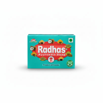 Box of Radhas Ayurvedic Soap with coconut graphics on a blue background