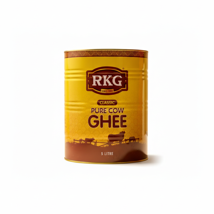 RKG Pure Cow Ghee container with yellow and brown design