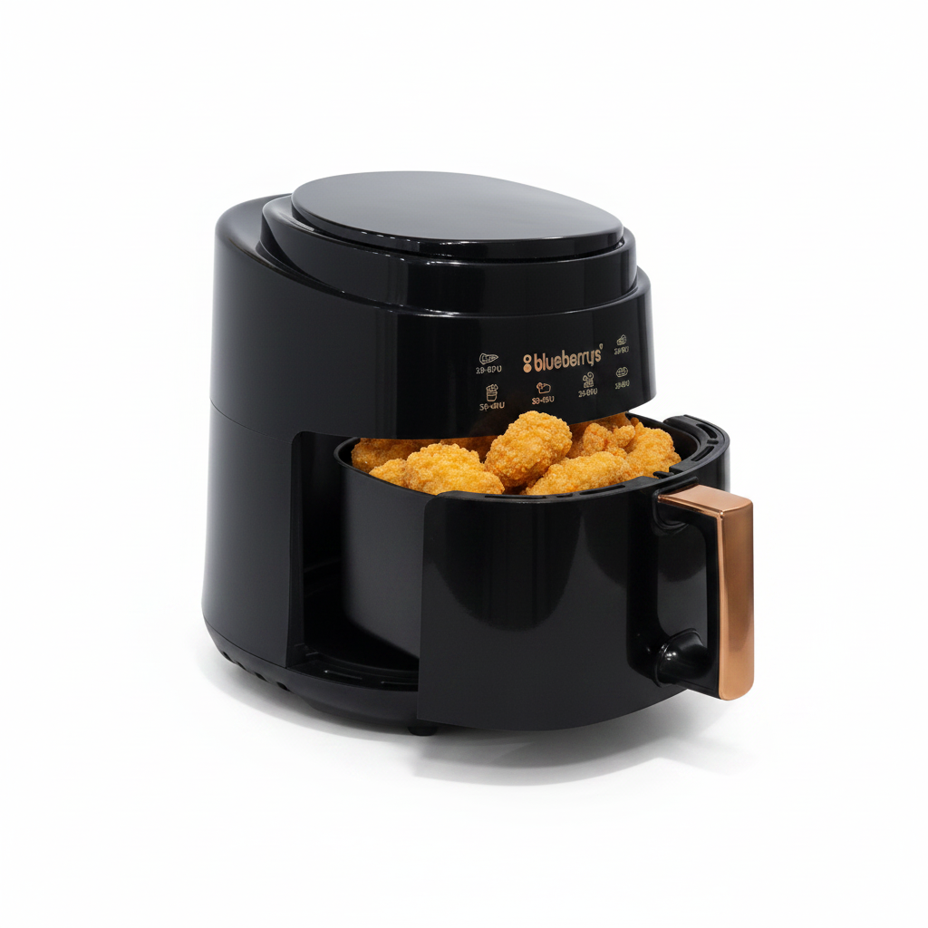Black air fryer with fried food inside on a white background