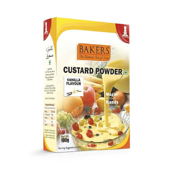 Bakers Custard Powder Vanilla Flavour packaging on a white background