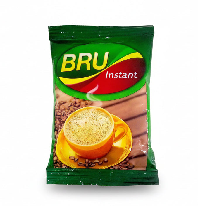 BRU instant coffee package with a cup and beans on a green background