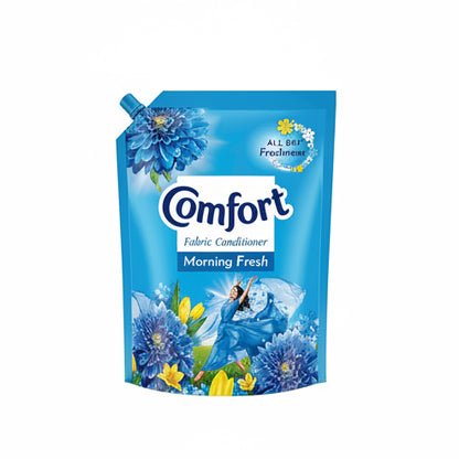 Comfort fabric conditioner packaging with blue flowers and a woman in a blue dress.
