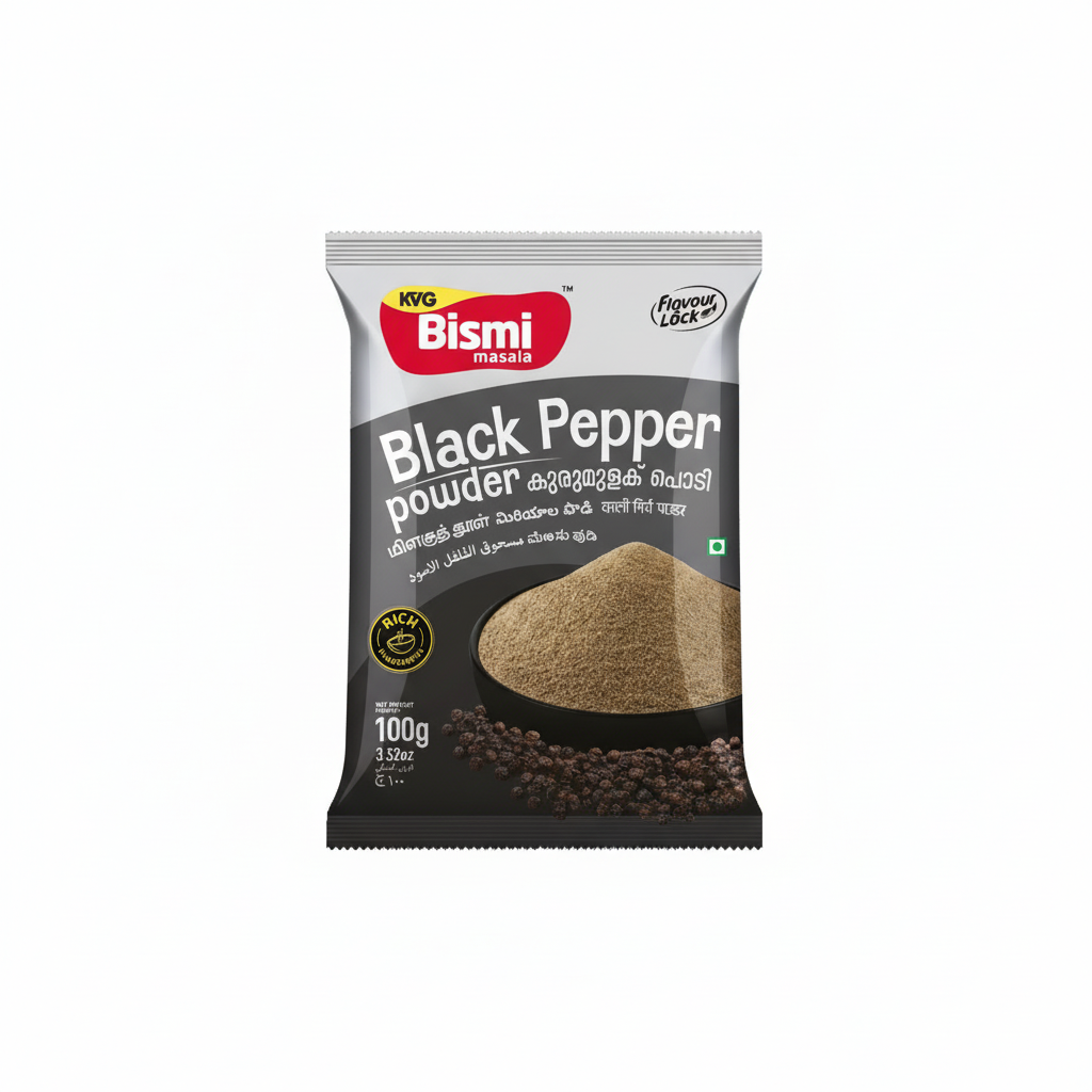 KVG Bismi Black Pepper powder packaging with visible text and imagery.