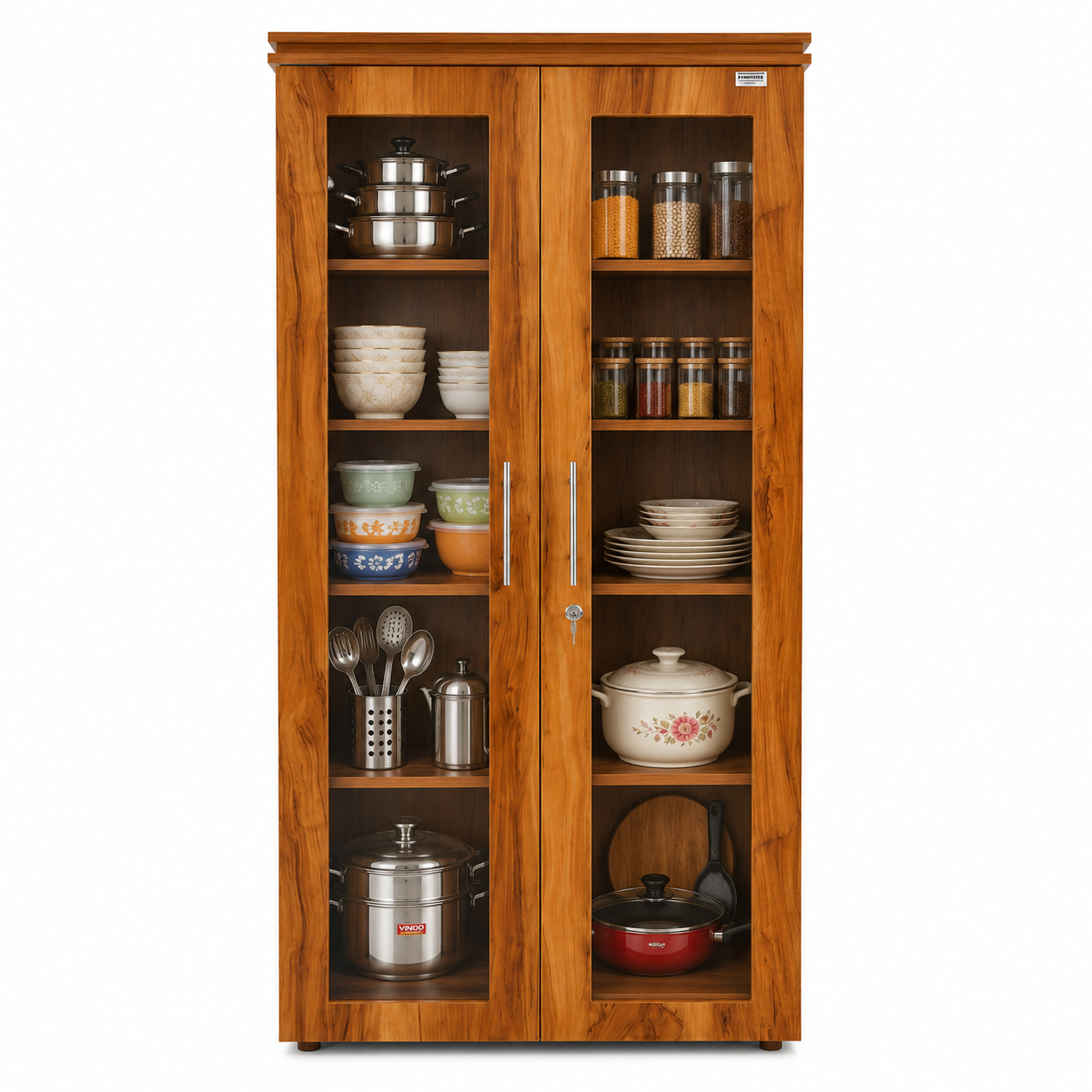 2 Door Newwood Glass Kitchen/Book Storage Cabinet with Display Shelves