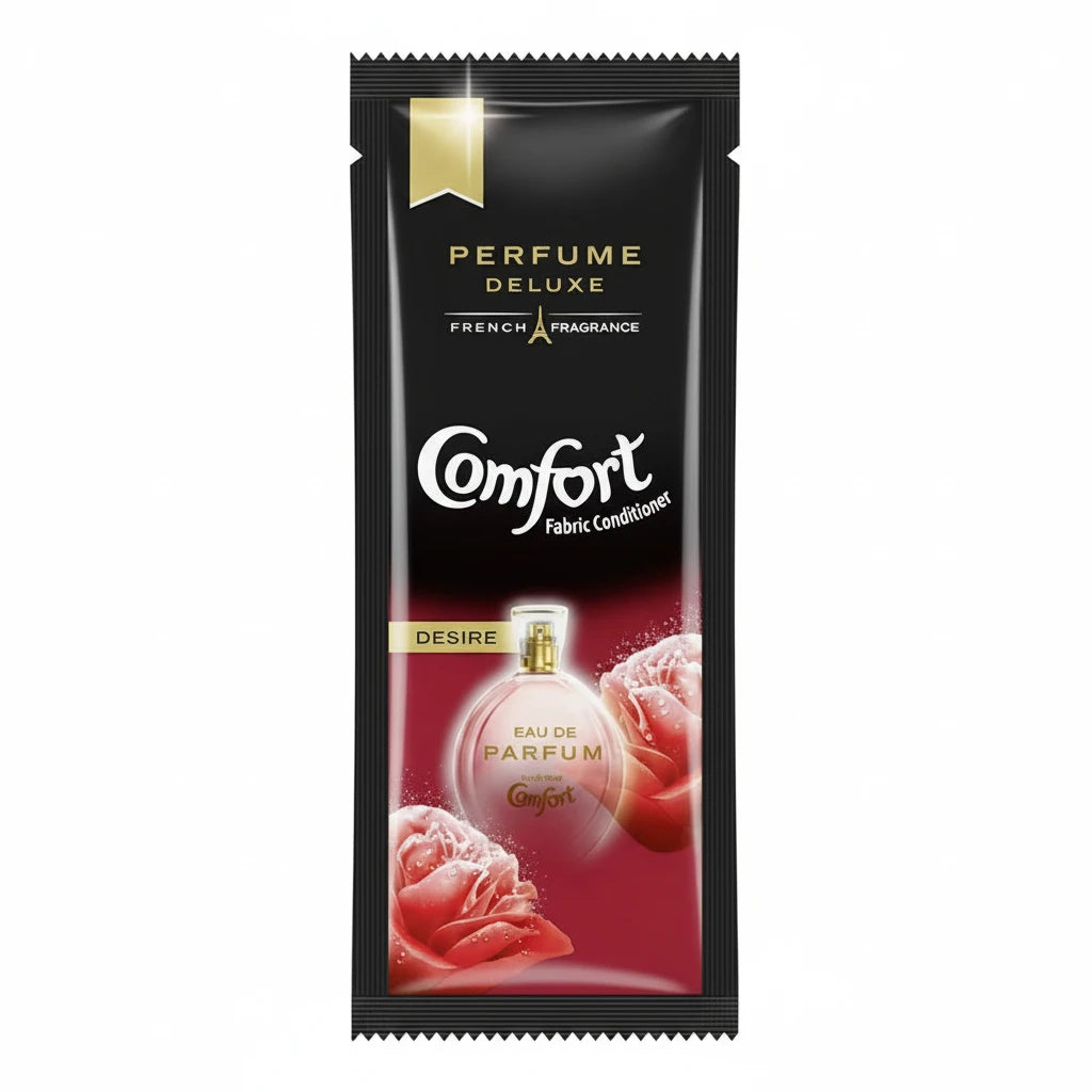 Packaging of Comfort Perfume Deluxe with a red and white design on a white background
