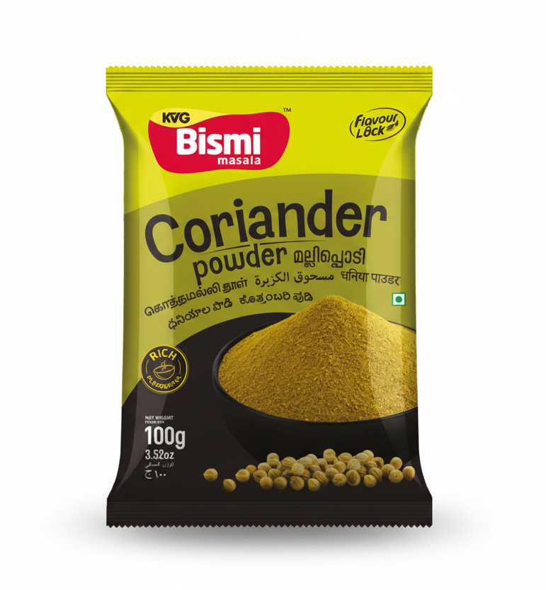 KVG Bismi Coriander powder packaging with yellow and black design.