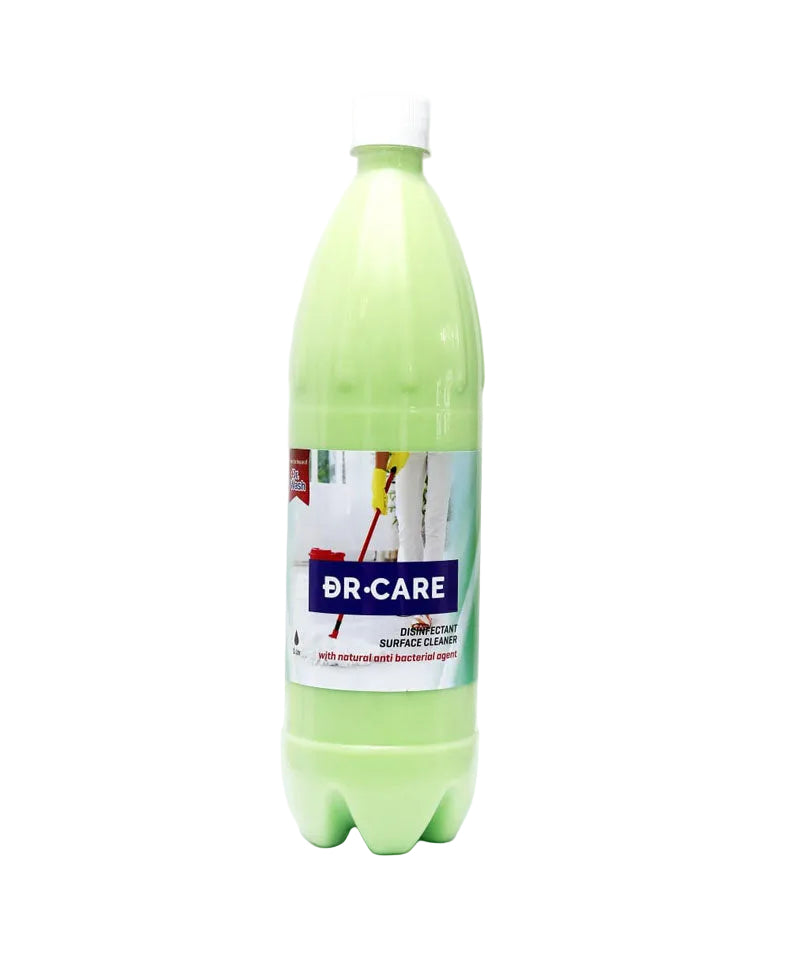 Green bottle of DR-Care surface cleaner on a white background