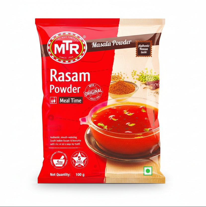 MTR Rasam Powder packaging with a bowl of rasam on a white background