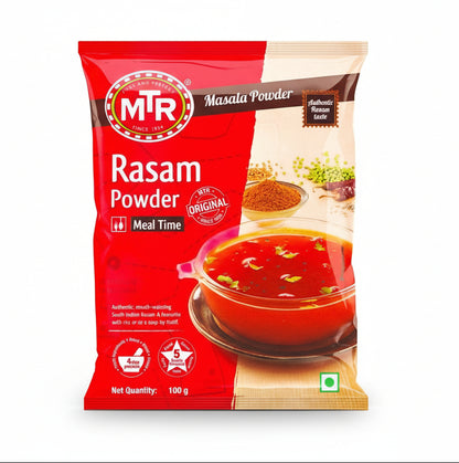 MTR Rasam Powder packaging with a bowl of rasam on a white background