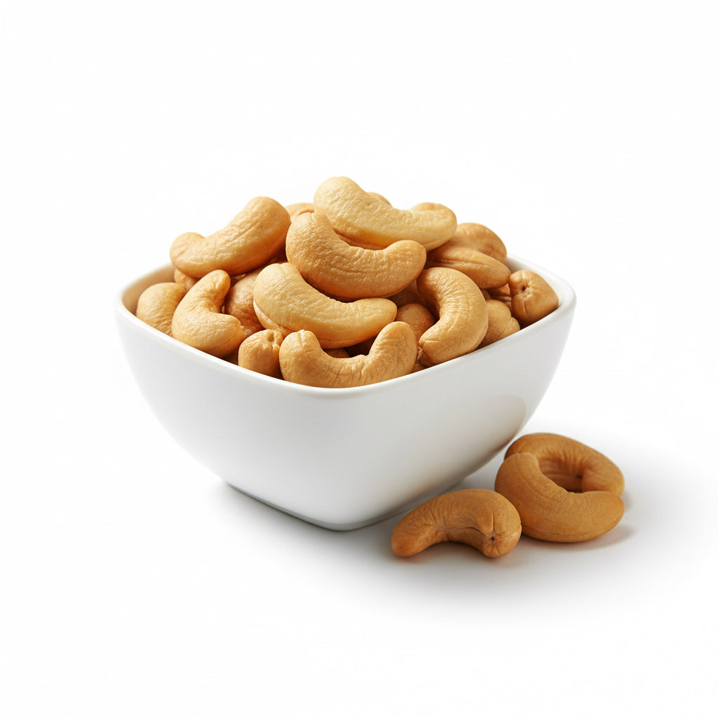 White bowl filled with cashews on a gray surface