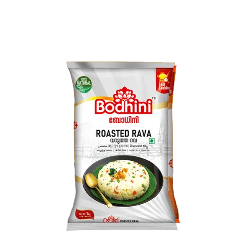 Bodhini Roasted Rava packaging on a white and orange gradient background