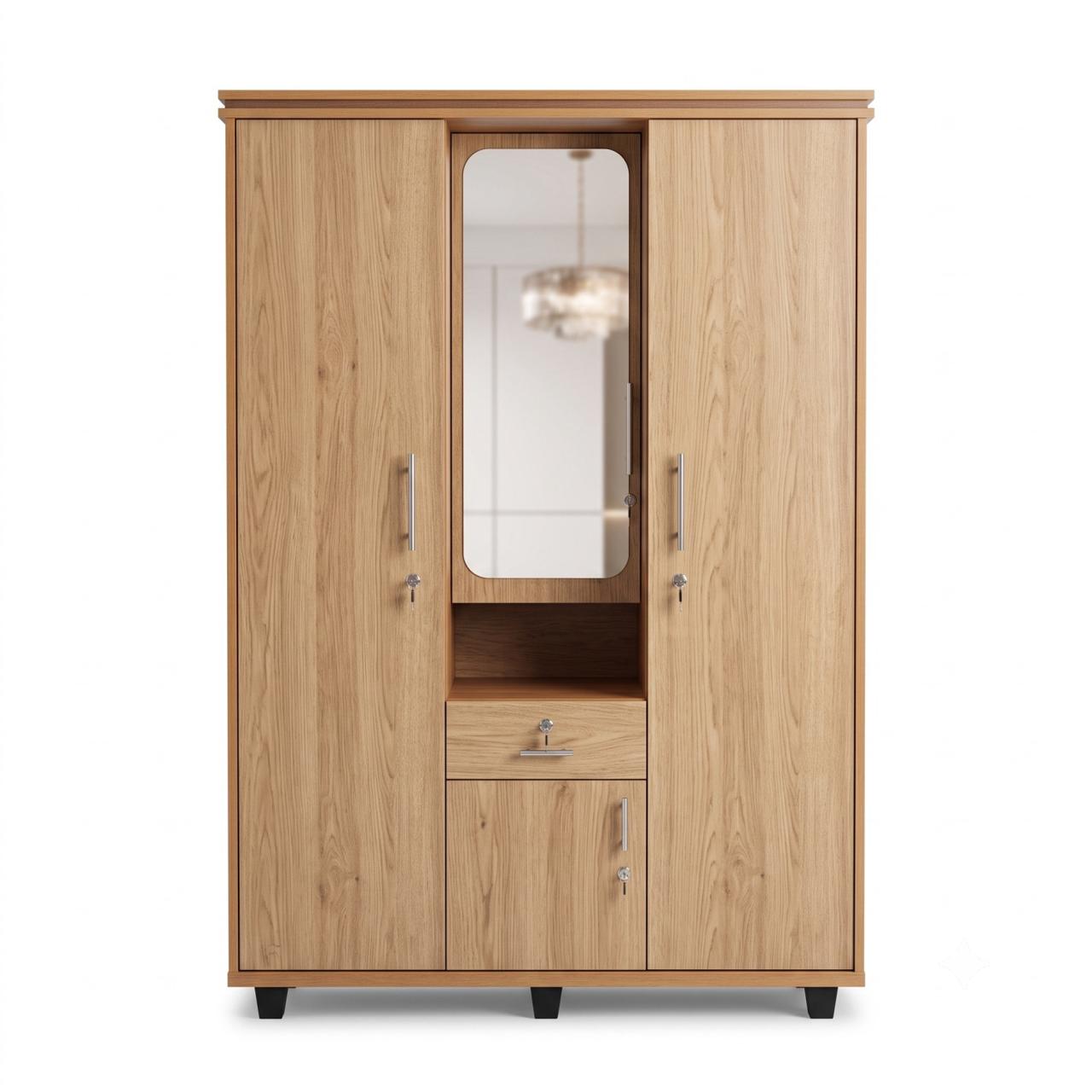 3-Door Wooden Alamara/Almirah/Wardrobe with Integrated Dressing Mirror & Safety Locker