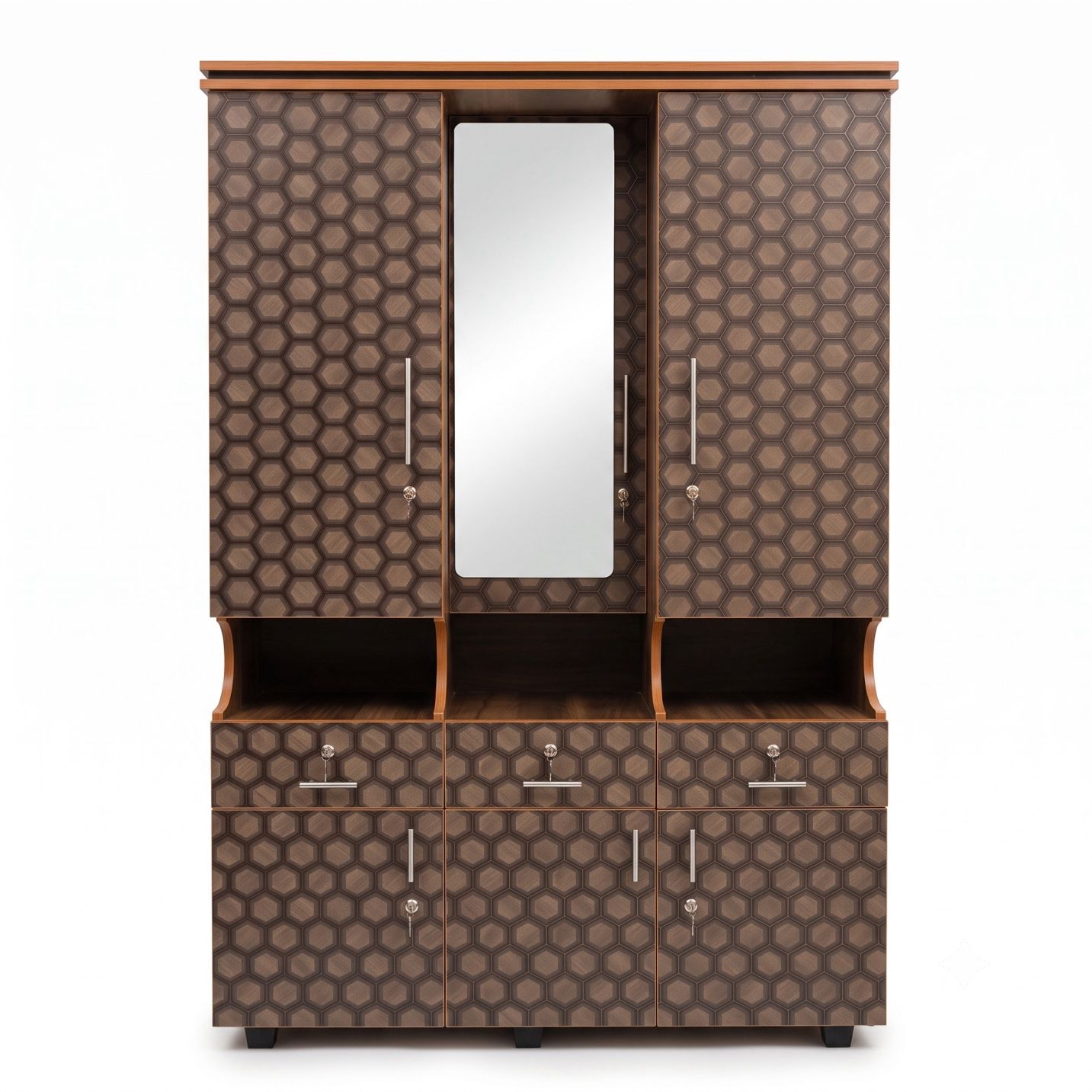 6-Door Alamara/Almirah/Wardrobe with Mirror, Multi-Shelf Grid & 3 Drawers