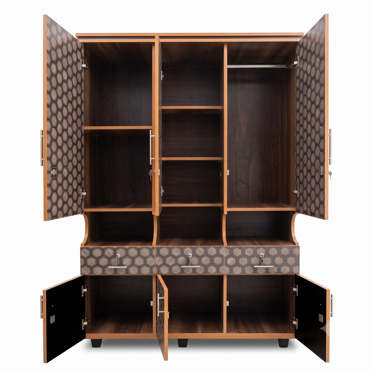 6-Door Alamara/Almirah/Wardrobe with Mirror, Multi-Shelf Grid & 3 Drawers
