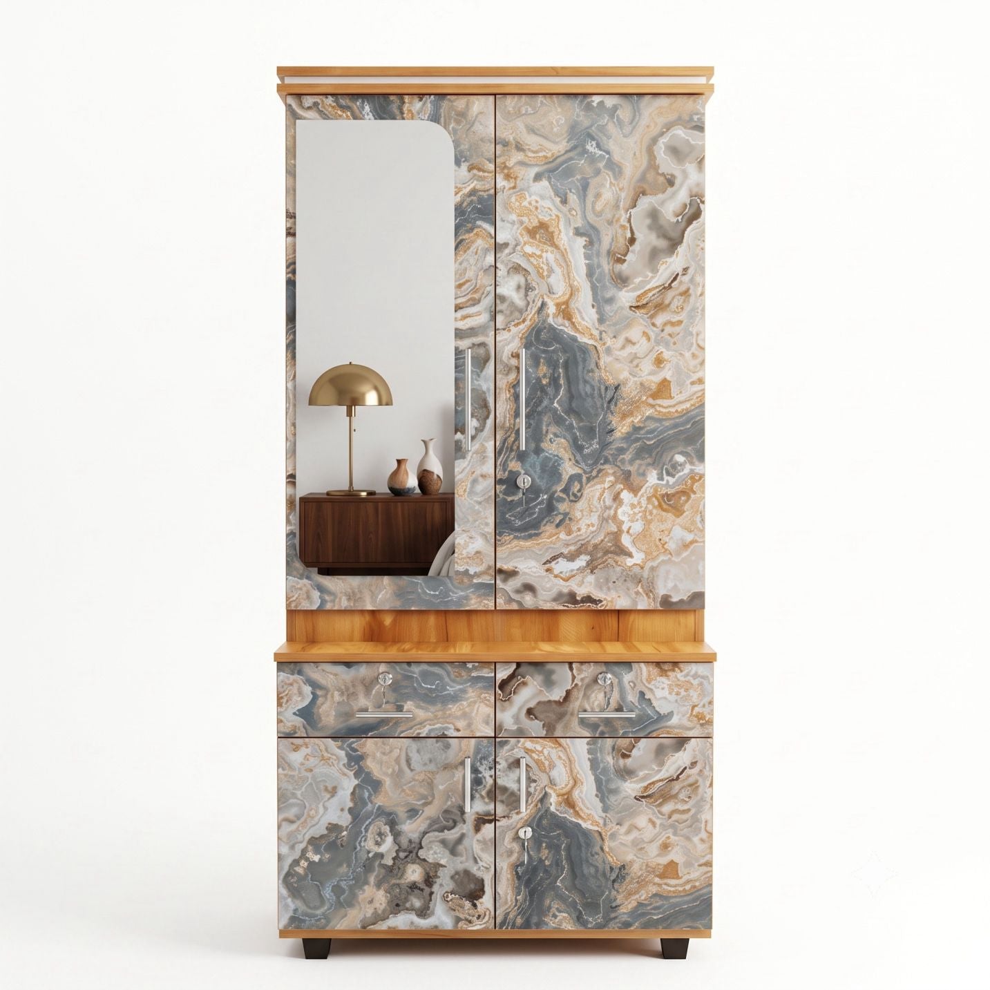 Contemporary 4-Door Combo Alamara/Almirah/Wardrobe & Dressing Vanity Shelf Columns & Drawers
