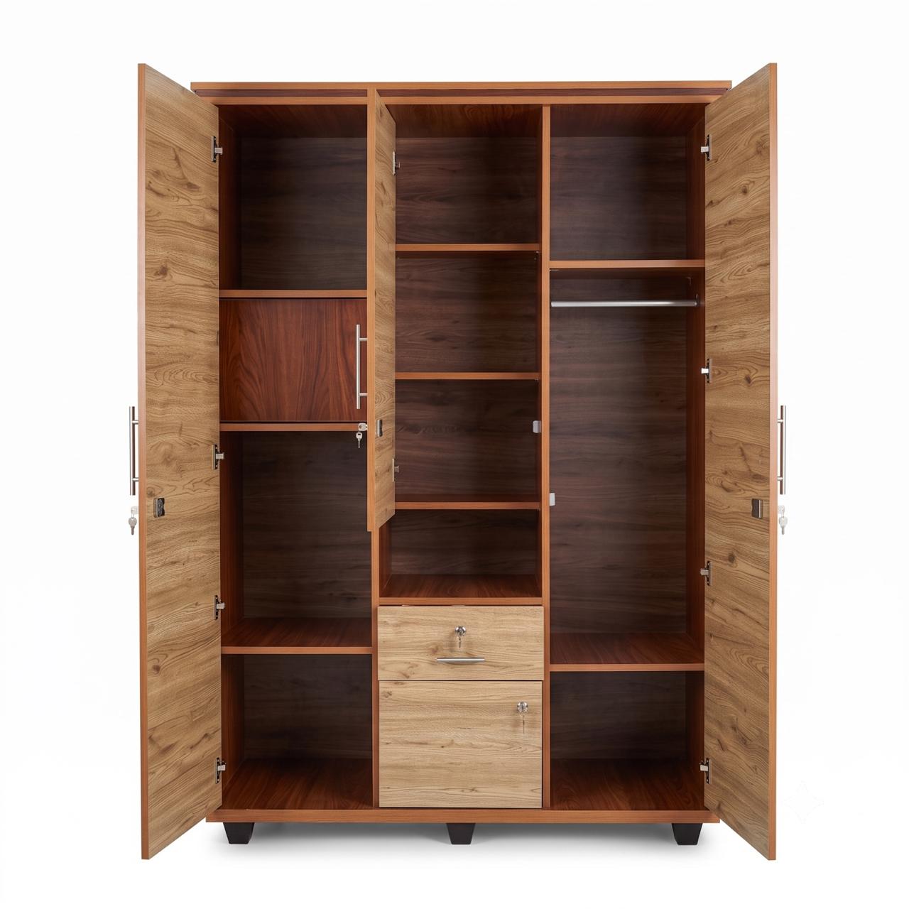 3-Door Wooden Alamara/Almirah/Wardrobe with Integrated Dressing Mirror & Safety Locker