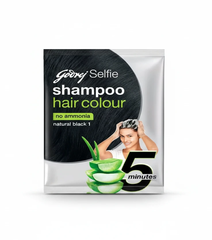 Godrej Selfie shampoo hair color packaging with a woman applying it, featuring aloe vera illustration.