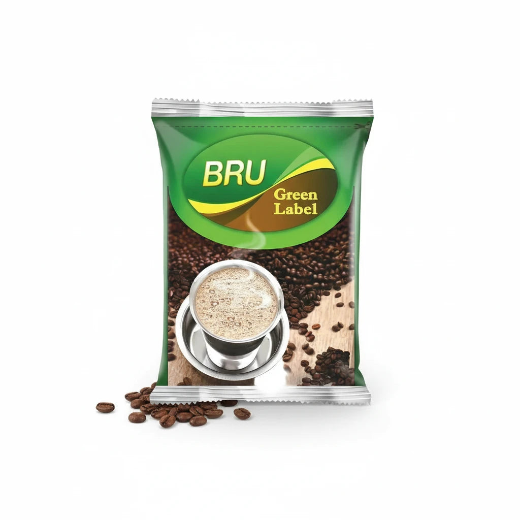 BRU Green Label coffee package with coffee beans and a cup on a white background