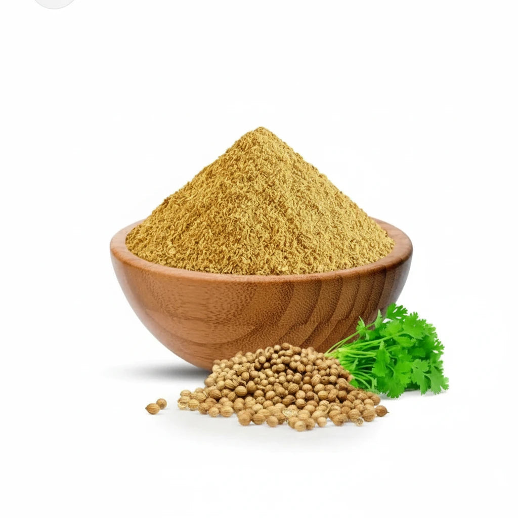 Wooden bowl filled with yellow powder on a white background