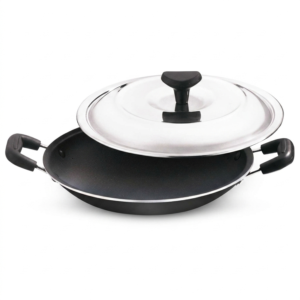 Onix 20cm Aluminium Non-Stick Appam Pan with Snug-Fit Lid – Deep Curved Fry Pan with Stay-Cool Handles