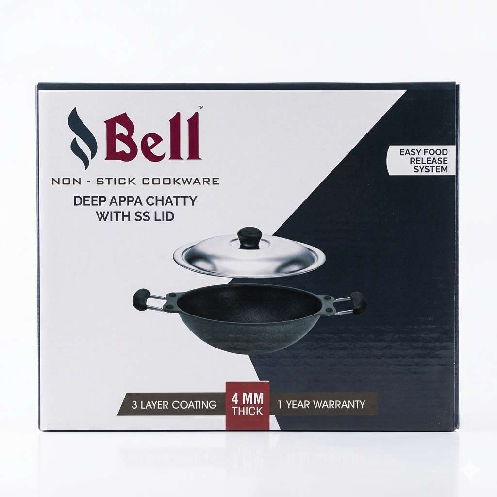 Bell Non-Stick Deep Appa Chatty with Stainless Steel Lid (4mm Extra Thick Base) | 3-Layer Easy Food Release System Appam Pan