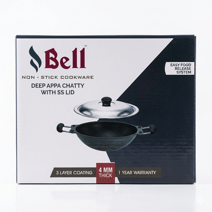 Bell Non-Stick Deep Appa Chatty with Stainless Steel Lid (4mm Extra Thick Base) | 3-Layer Easy Food Release System Appam Pan