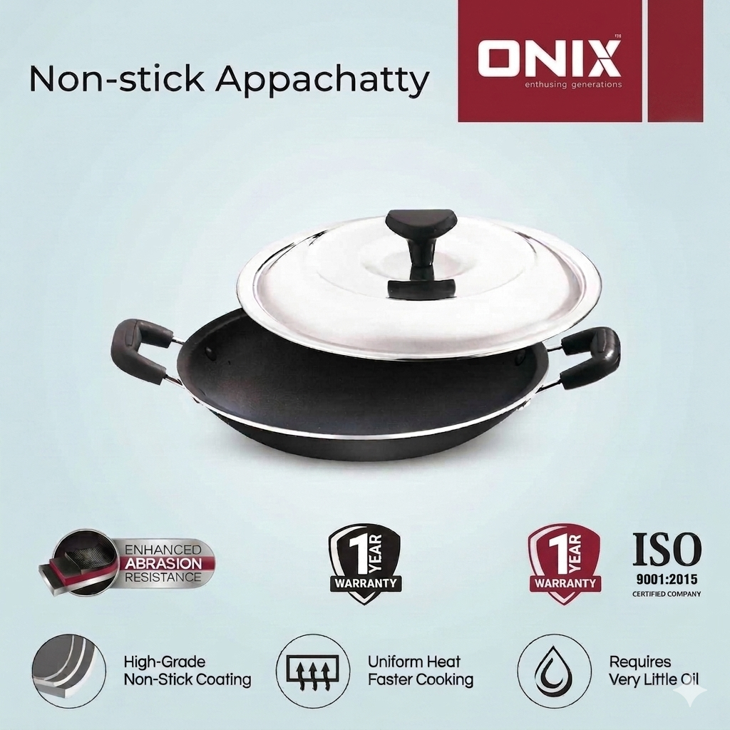 Onix 20cm Aluminium Non-Stick Appam Pan with Snug-Fit Lid – Deep Curved Fry Pan with Stay-Cool Handles
