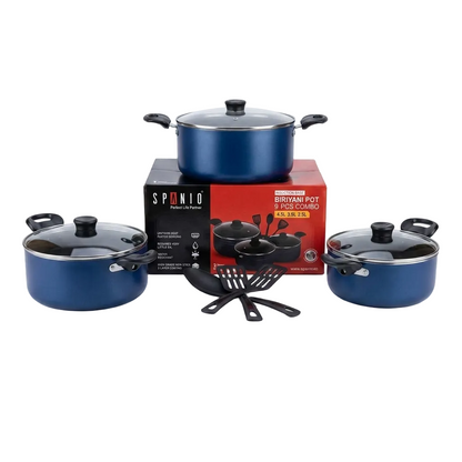 Spanio Non-Stick Biryani Pot Cookware Set with Glass Lids & Spatulas - 9-Piece Combo