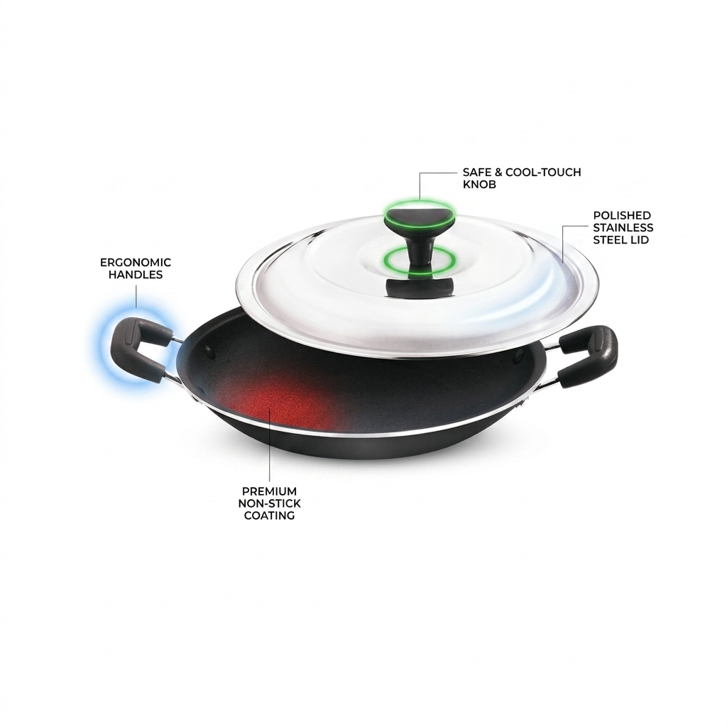 Onix 20cm Aluminium Non-Stick Appam Pan with Snug-Fit Lid – Deep Curved Fry Pan with Stay-Cool Handles