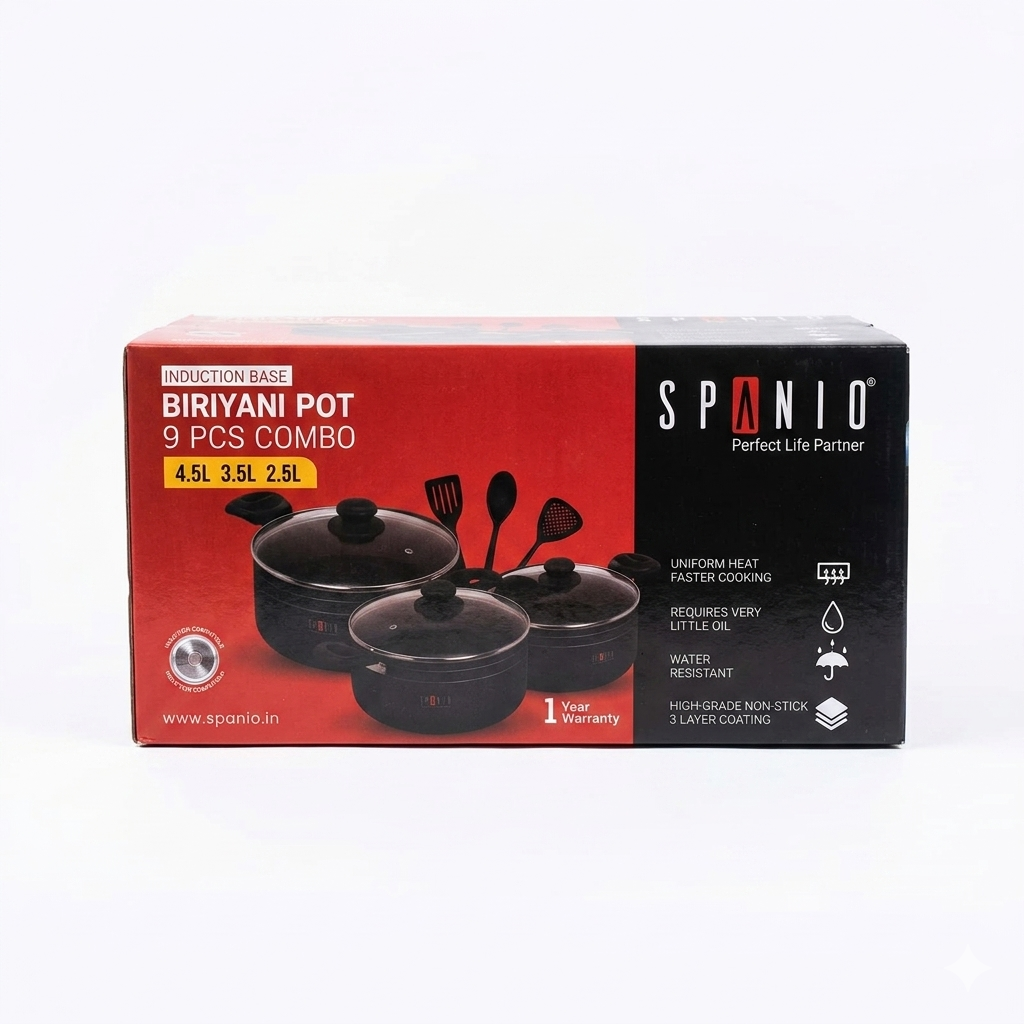 Spanio Non-Stick Biryani Pot Cookware Set with Glass Lids & Spatulas - 9-Piece Combo