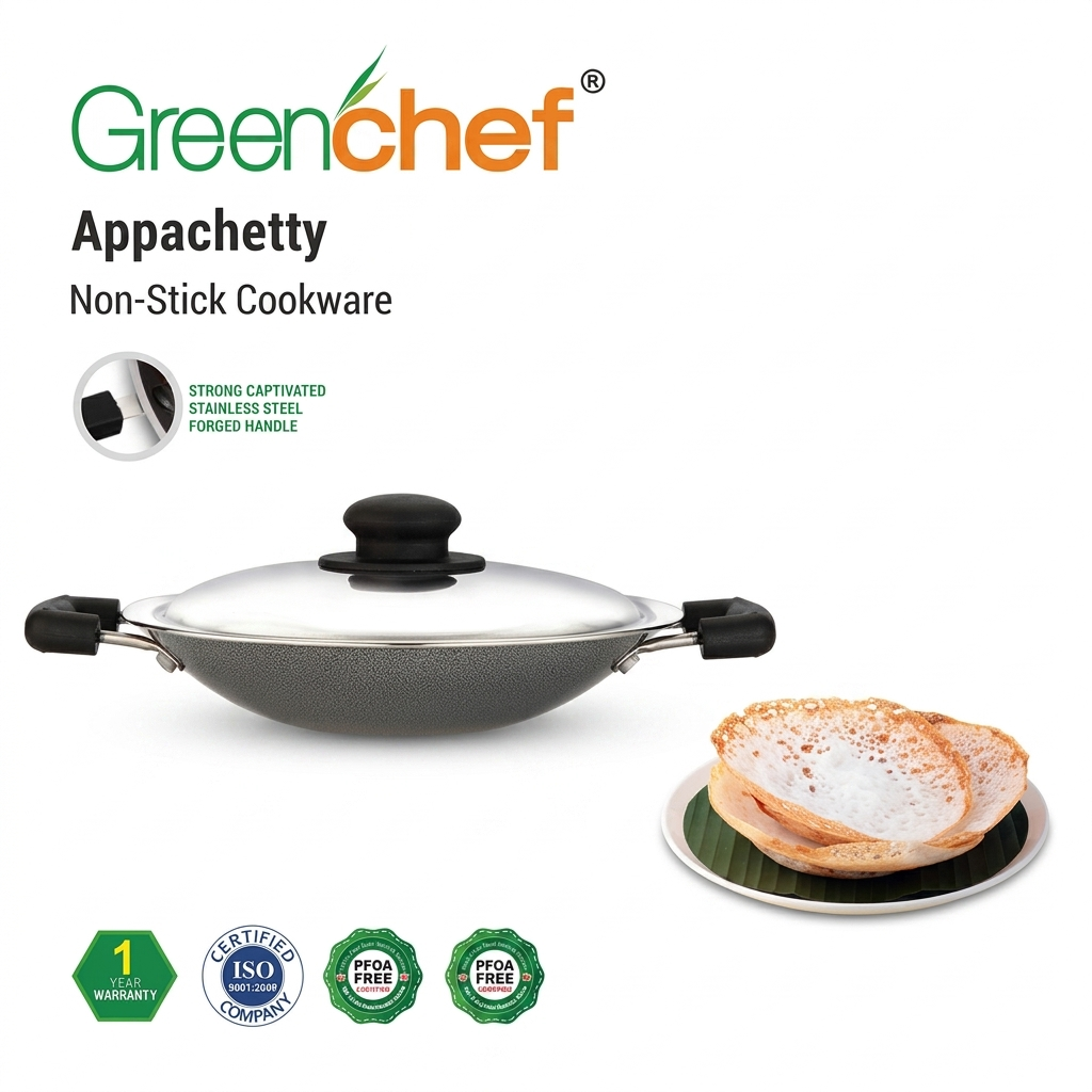 Greenchef Non-Stick Appachetty (3.0mm Extra Thick Base) | Pure Grade Virgin Aluminium Appam Pan with Glass Lid | PFOA-Free