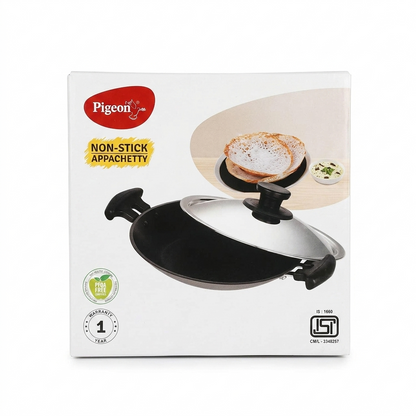 Pigeon Non-Stick Appachatti with Lid | 3-Layer Scratch & Corrosion Resistant Coating | PFOA-Free Metal Spoon Friendly Appam Pan