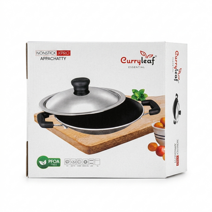 Curryleaf Essential Nonstick XPRO Appachatty with Stainless Steel Lid | PFOA-Free Premium Appam Pan with Stay-Cool Handles