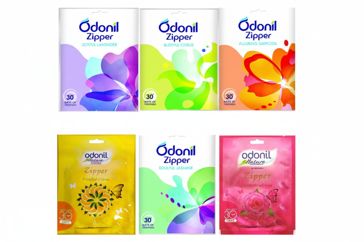 Six packages of Odonil Zipper products with colorful designs on a white background.