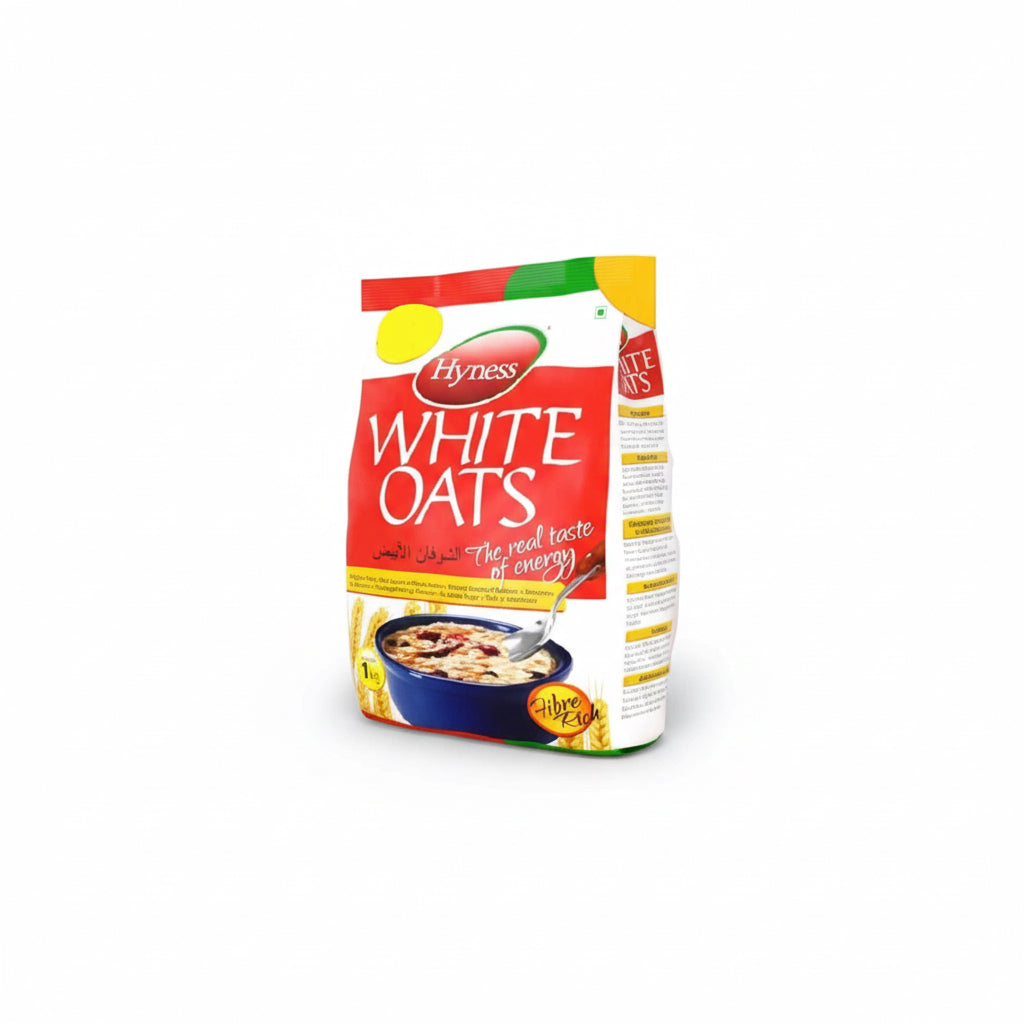 Bag of Hyness White Oats with a bowl of oats on a white background