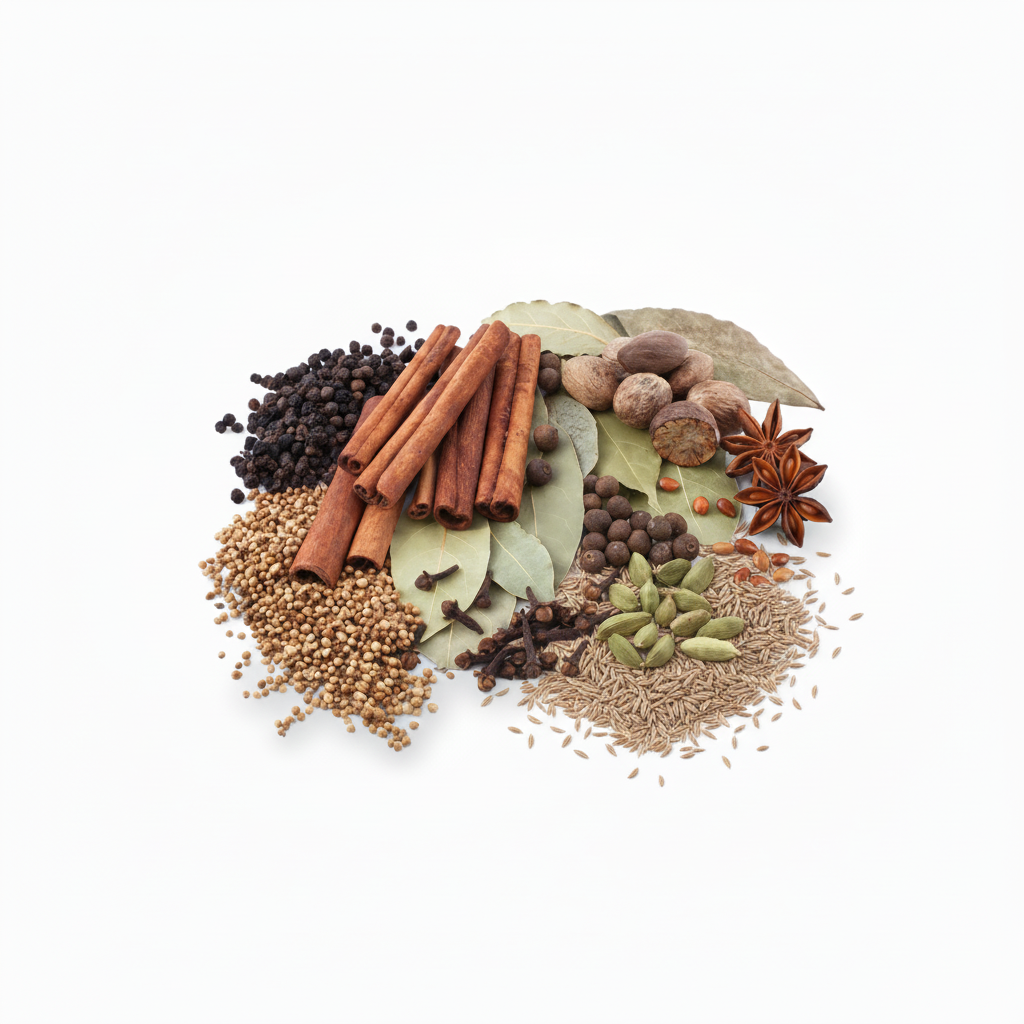 Assorted spices including cinnamon sticks, black peppercorns, cloves, cardamom pods, and star anise on a white background.