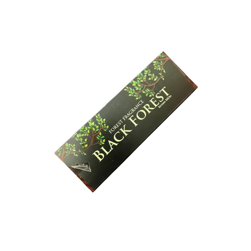 Box of Black Forest incense sticks with green tree design on a white background